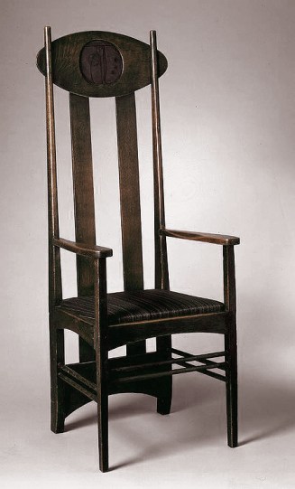 High-backed Armchair, c.1899. Oak, horsehair upholstery, inset lacquer panel, 53-1516 x 20-12 x 19-116 in. Designed by Charles Rennie Mackintosh (Scottish,1868-1928).